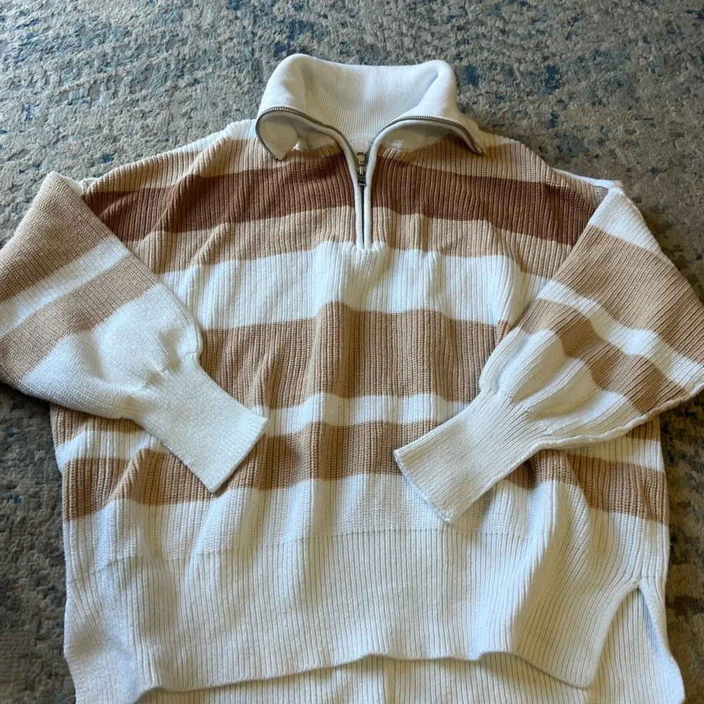 Aerie Beyond Neutral Stripe Knit Oversized Slouchy 1/4 Zip Pullover Sweater S - Picture 2 of 5